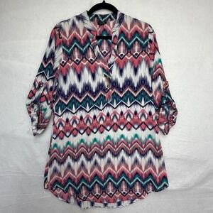 Rue21 Womens Ikat Chevron Print Tunic Blouse Pink Teal 3/4 Roll Tab Sleeve L